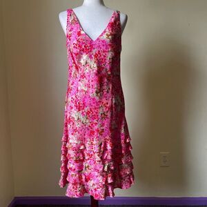 Vintage Ann Taylor 100% Silk Pink Floral Ruffle Hem Midi Dress Size 10 Y2K